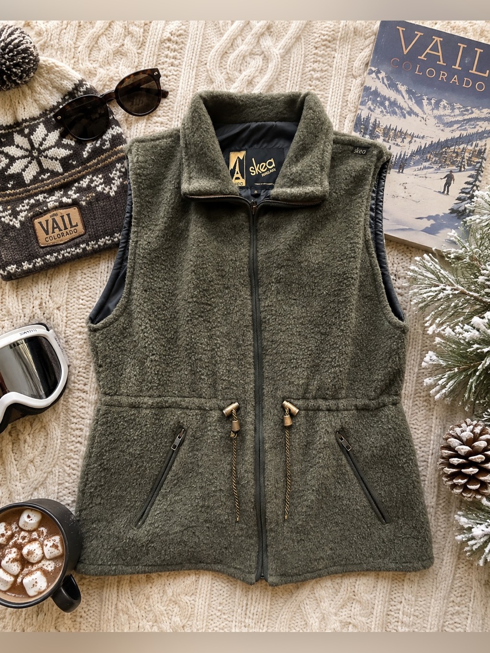 Skea Paris Vail 100% Wool Fleece Vest Olive Green Zip Front Ski Size S